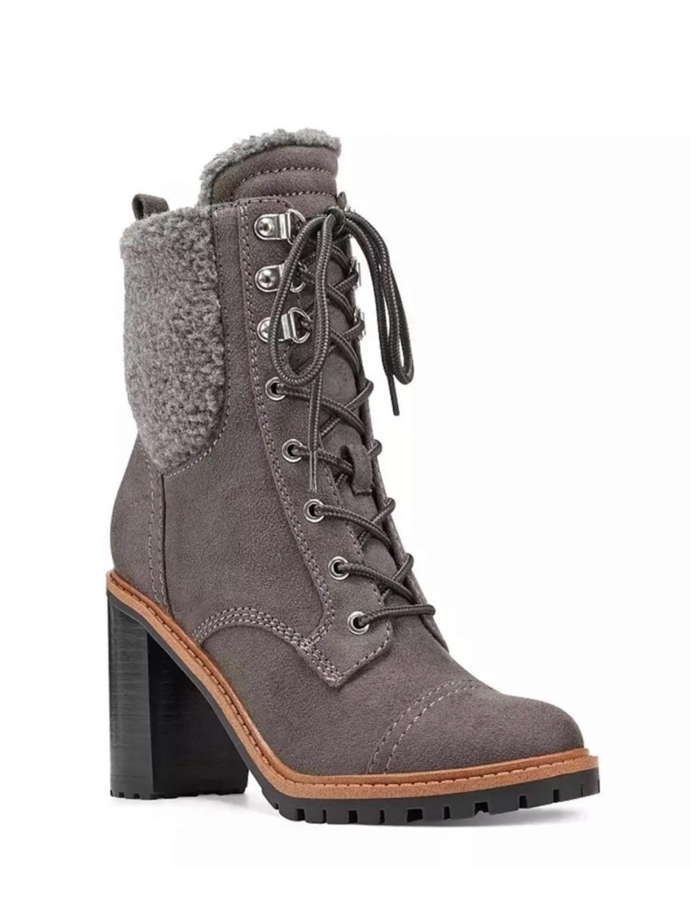 Nine West Gray Lace-Up Shearling Trim Block Heel Boots
